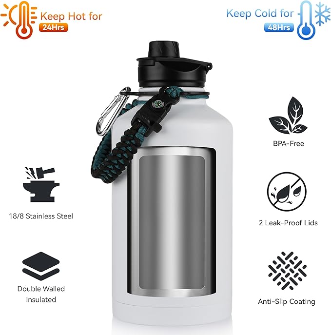 64 oz Insulated Water Bottle with Straw & Spout Lids, Stainless Steel Metal Half Gallon Water Jug with Paracord Handle, Double Wall Vacuum, Leakproof, Keep Drinks Cold & Hot, White