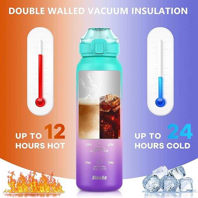 32oz Insulated Water Bottle with handle BPA Free, 316 Stainless Steel Water Bottles 1000ml with Time Marker Double Walled, 1000ml Metal Water Flask Jug for Hiking, Biking, Running