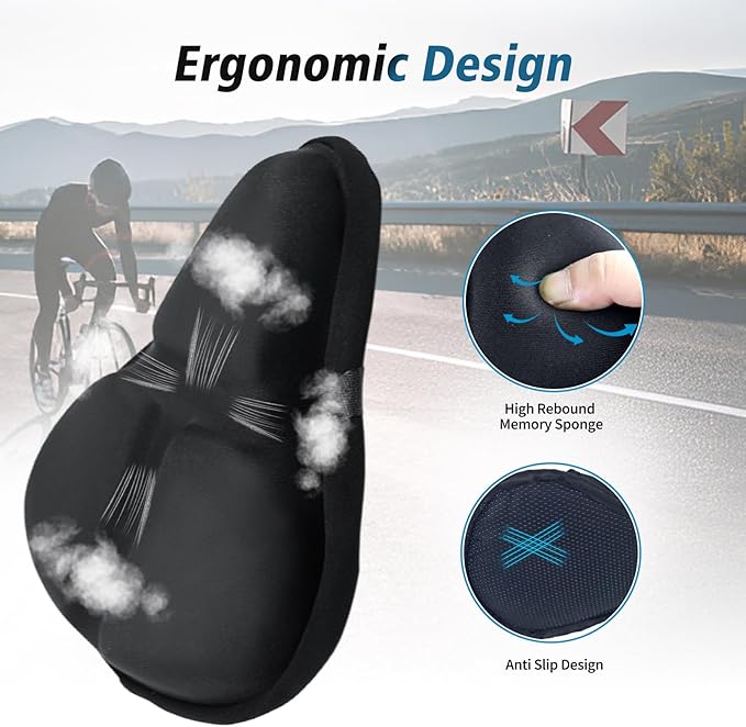Bike Seat Cover, HUIOK Wide Gel Exercise Bike Seat Cushion for Women Men Comfort, Fits Spin, Stationary and Cruiser Bikes, Indoor Outdoor Cycling, Water Dust Resistant Cover Included