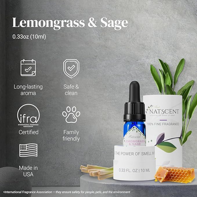 Lemongrass & Sage Essential Oils for Diffusers for Home, Nature-derived Essential Oil, Long-Lasting & Family-Friendly Diffuser Oils Scents, IFRA Certified, Cold Air & Ultrasonic - 0.33 oz