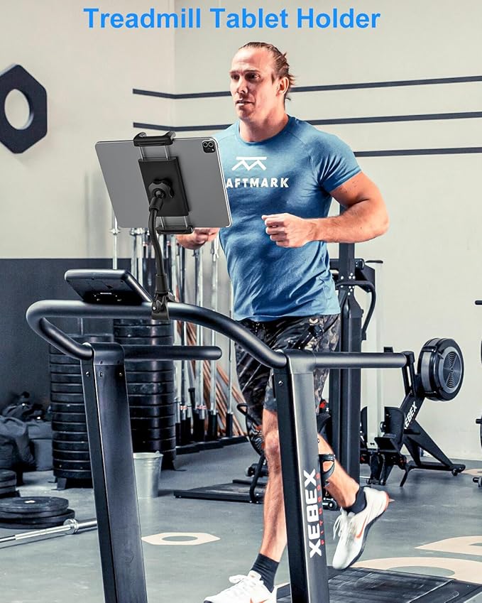 Gooseneck Tablet Holder for Spin Bike, Stationary Bicycle, Wheelchair, Treadmill, Indoor Bike, Peloton, Elliptical, Tablet Mount Clamp for iPad Pro, Air, Mini, Galaxy Tabs, 4.7-12.9" Tablets