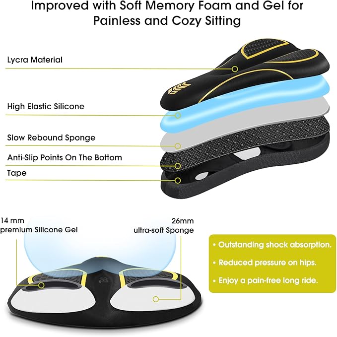 MSDADA Bike Seat Cushion - Gel Bike Seat Cover Padded for Men & Womens Comfort, Soft Bicycle Saddle Compatible with Exercise Spin Stationary Bike, for Indoor and Outdoor Cycling (Yellow)