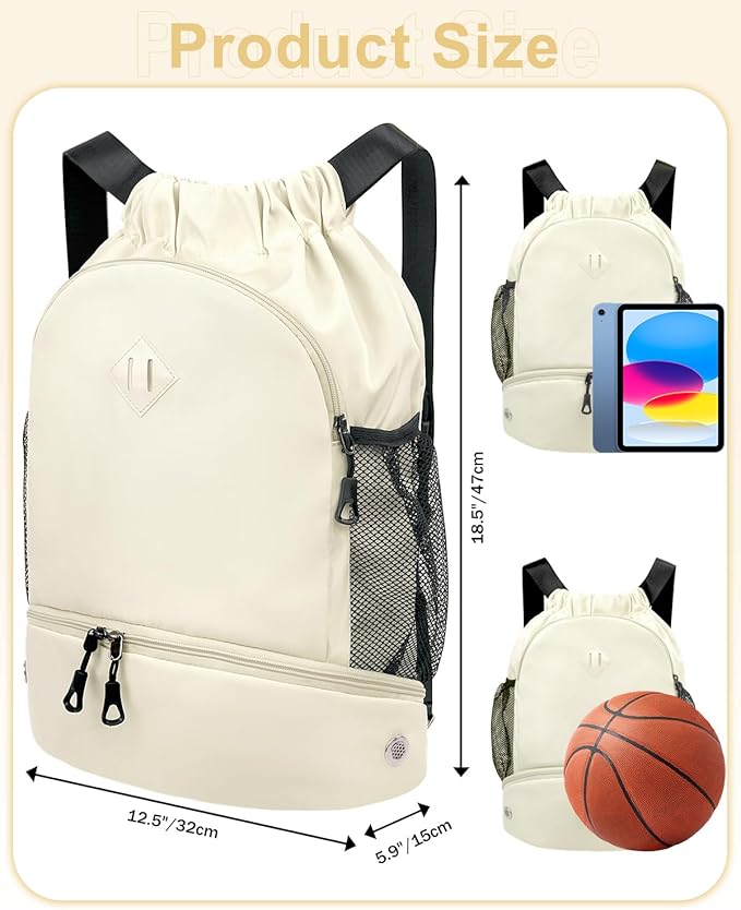Drawstring Backpack Gym Backpack with Shoe Compartment for Men Women String Sports Bag with Wet Pocket Cinch Swim Beach Bag, Beige (Patent Pending)