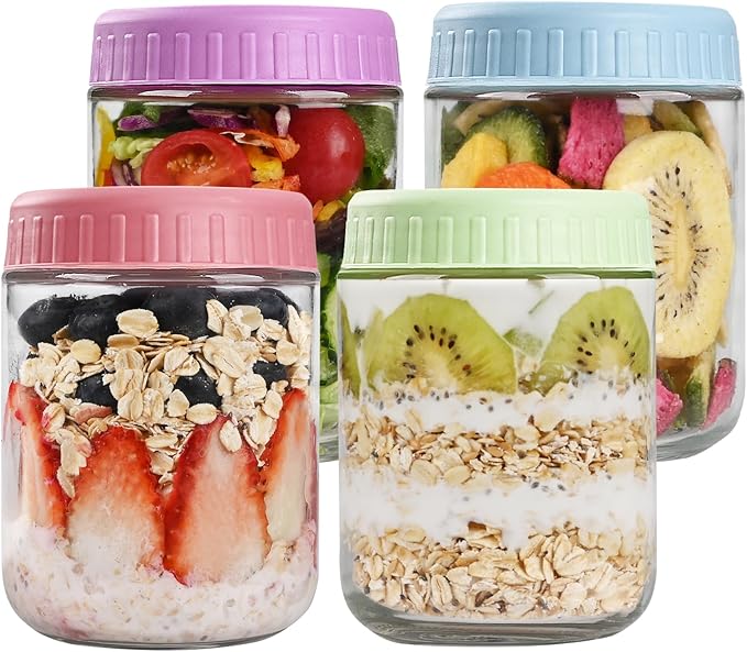 Overnight Oats Containers with Lids, 16oz Glass Jars with Lids 4 pcs, Candy, Wide Mouth Mason jars for Salad, Yogurt, Snacks, Meal Prep