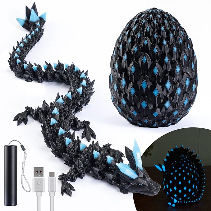 11.81" 3D Printed Glow in The Dark Dragon with Egg & USB UV Flashlight, Crystal Articulated Dragon Fidget Toy for Kids, Dragon Egg Gift for Boys Girls Ages 4+, Birthday Halloween