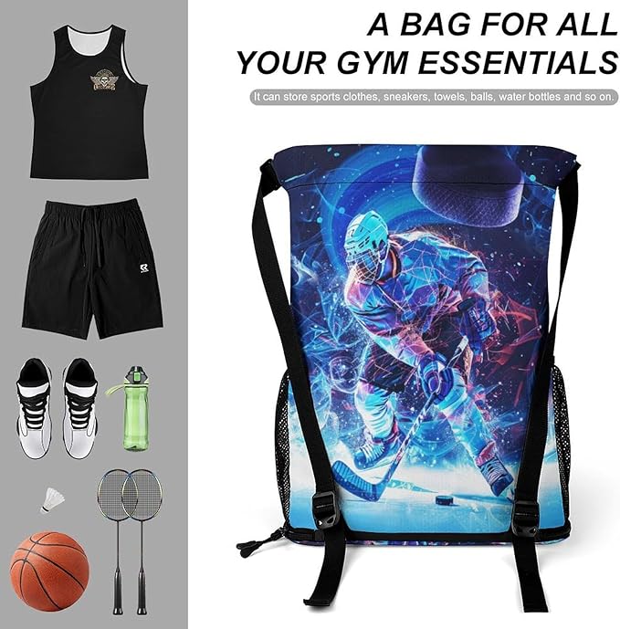 Hockey Drawstring Backpack - Cool Cinch Sack, String Backpacks with Pocket for Kids Women Men Boys Girls for Gym Outdoor Sports Travel Athletic Drawstring Bag - Lightweight/Foldable