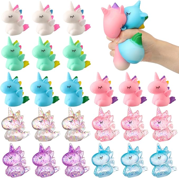 Meooeck 24 Pcs Unicorn Stress Relief Toys Mini Animal Toys for Relief Cute and Fun Stress Balls Unicorn Birthday Party Decorations for Christmas, Office, Stocking Stuffer Gift