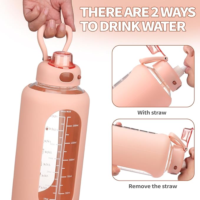 SIEROZUR 42 oz Glass Water Bottle with Straw and Handle, Large Sports Motivational Water Bottle Flask with Time Marker Leakproof Water Jug with Silicone Sleeve for Gym