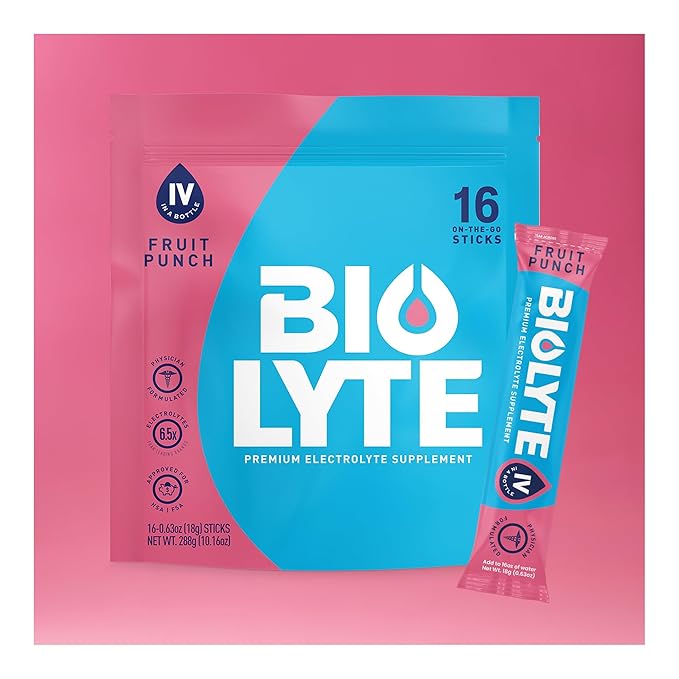 BIOLYTE IV Electrolyte Powder Packets, IV Liquid Drink Mix for Water, Doctor-Developed Hydration, HSA & FSA Approved Dehydration Relief, Chemotherapy Must Haves for Women, Men- Fruit Punch (16 Sticks)