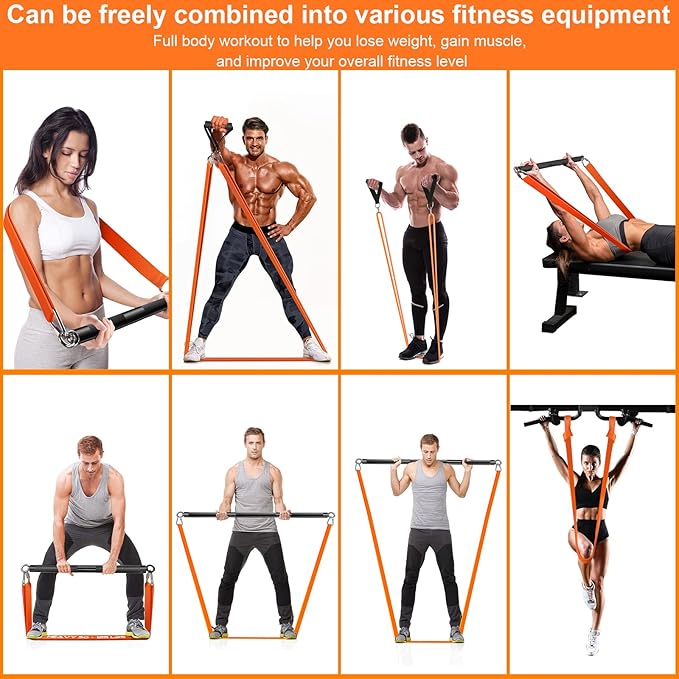 DASKING Resistance Band Bar Set for Home Gym, 500LB Total Resistance with Longer Bar & 4 Stackable Bands, Detachable for Full Body Workouts, Door Anchor, Exercise Guide