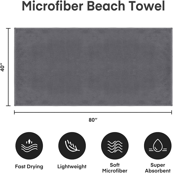 JML Microfiber Bath Towels, Oversized Microfiber Towel Set, 2 Pack, 40" x 80", Super Absorbent and Fast Drying, Bath Sheet, Large, Soft for Men Women, Beach, Sport, Fitness, Yoga, Grey