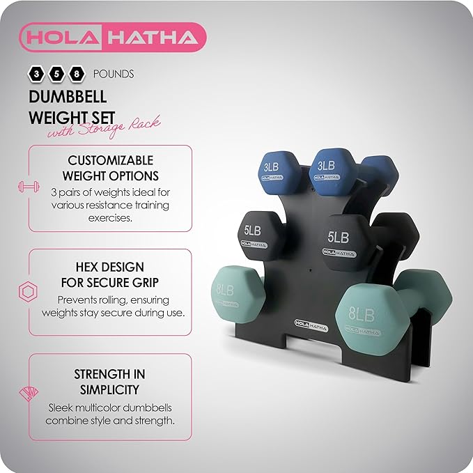 HolaHatha 2, 3, 5, 8, and 10 Pound Neoprene Dumbbell Free Hand Weight Set with Rack, Ideal for Home Exercises to Gain Tone and Definition, Pastel