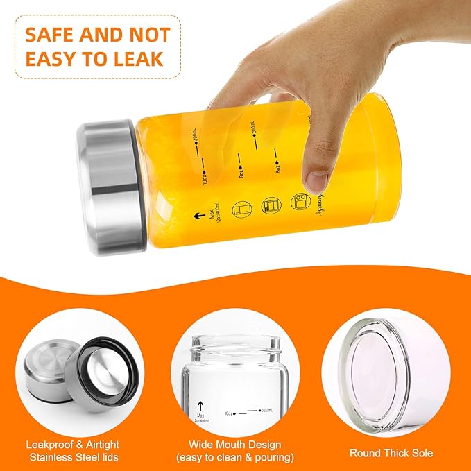 Glass Juice Bottles 4 Pack 12 oz - Wide Mouth Glass Water Bottles with Lids - for Juicing, Smoothies, Milk, Protein, BPA Free, Reusable, Stainless Steel Lids, Leak Proof, Shaker bottle [12oz/400ml]