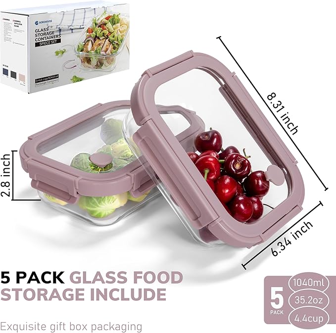 5-Pack Borosilicate Glass Containers with Tempered Lids, 35.2oz/4.4 Cup Airtight Meal Prep Set, Microwave/Freezer Safe (Pink)
