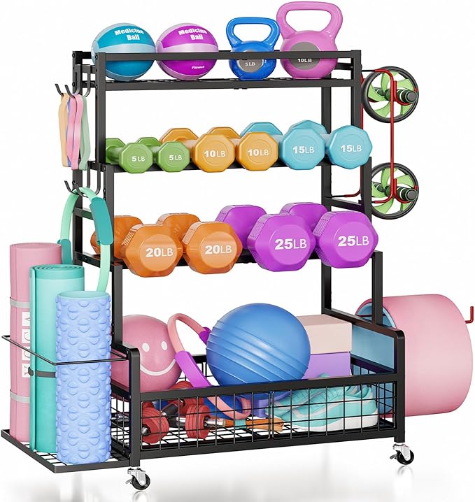 Dumbbell Rack,Home Gym Storage Rack,Total Weight Capacity 490 lbs,Weight Rack with Wheels/Strength Training Equipment Storage Rack with Hooks,Stores Dumbbells,Kettlebells,Yoga Mats