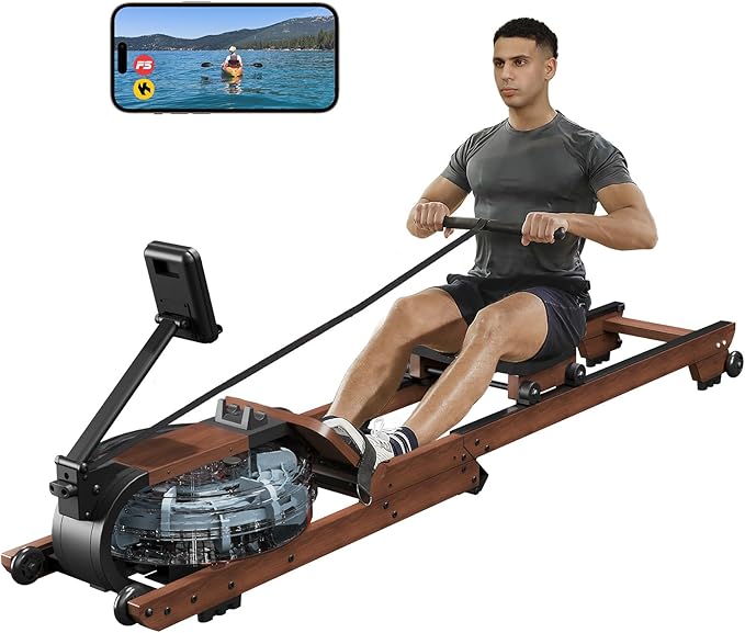 Dripex Rowing Machines for Home Foldable, Water Rowing Machine Max 350 LBS, Water Rower with Smooth Slide Rail, Comfortable Seat, Bluetooth App Supported, LCD Monitor, Wooden Row Machine for Home Gym