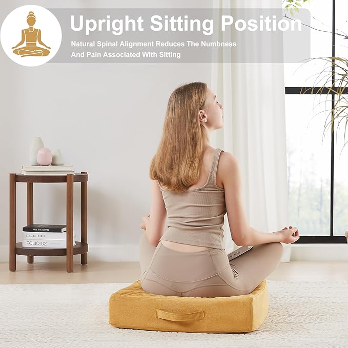 2 Pcs High Density Foam Floor Pillow - Upgraded Large Pillows Seating for Adults - Outdoor Floor Cushion with Soft Tufted Cover - Yoga Pillows for Sitting On Floor - 22 Inch Yellow