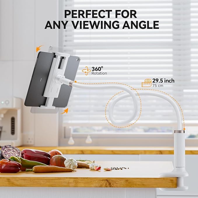 Gooseneck Tablet Holder, Tablet Stand : Flexible Arm Clip Mount Compatible with iPad mini Pro Air, Kindle, Switch, Galaxy Tabs, More 4.7-11" Devices- (White)