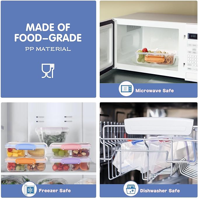 4 Pack Plastic Snack Containers with Lids, 2 Compartment Food Container for Kids Snack Box, Travel Bento Lunch Containers with forks for Fruits/Candies, Divided Food Storage Containers for School