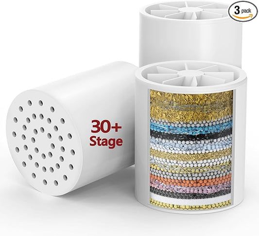 3 Pack 33 Stage Universal Shower Filter Replacement Cartridge - Hard Water Purifier Removes Chlorine, Heavy Metals, Iron, Sediments - High Output Water Softener for Skin & Hair