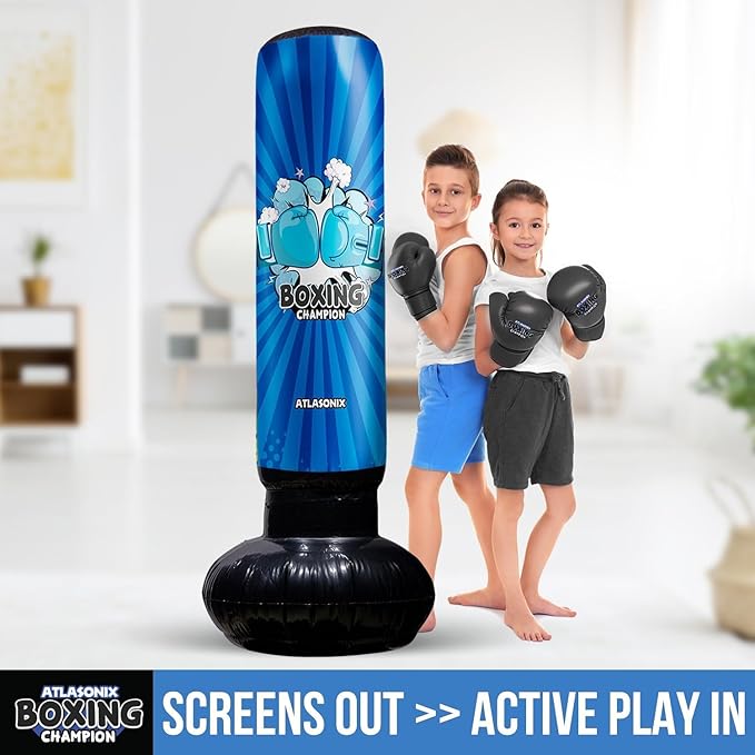 Inflatable Boxing Toy for Boys Age 4-8-12, Standing Kick Dummy, Karate Taekwondo Equipment, Fun Active Game, Birthday Party for Kids, Durable Punch Box Set