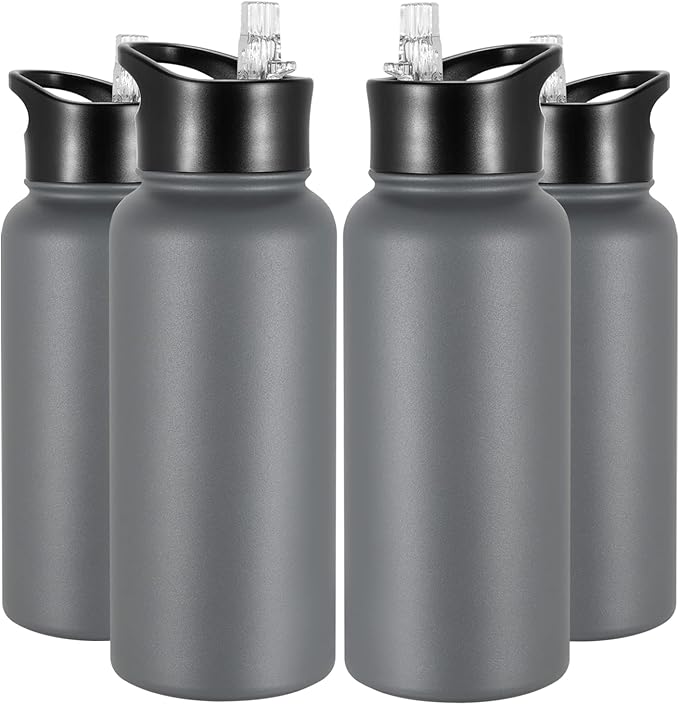 32 oz Insulated Water Bottle Bulk 4 Pack, Stainless Steel Sports Water Bottles with Straw Lid & Wide Mouth Lids, Double Walled Vacuum, Leak Proof, Gray
