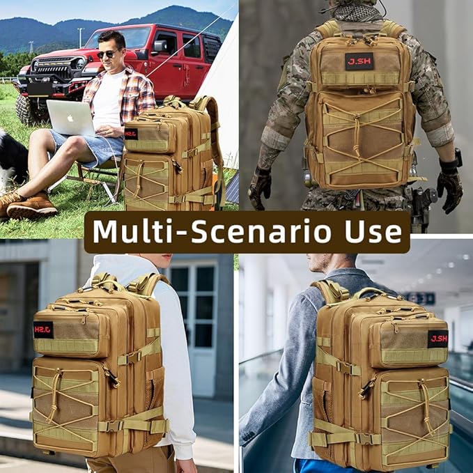 J.SH 45L Large Capacity 3-Day Tactical Backpack, Waterproof & Tear-Resistant, MOLLE System, Adjustable Straps (chest strap and waist strap), Hiking Backpack for Men & Women - Khaki