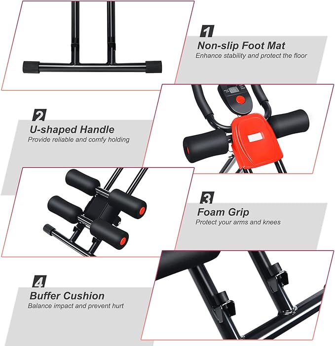 Goplus Foldable Core Abdominal Trainer, AB Workout Machine Exercise Equipment with 3 Adjustable Levels, LCD Display, Ab Cruncher Strength Training Equipment for Home Gym Fitness Black+Red