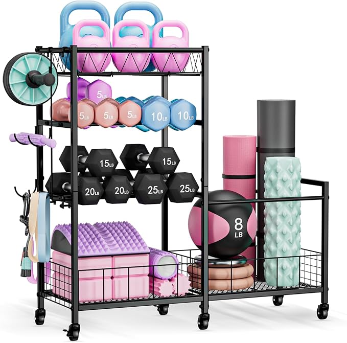4-Tier Weight Rack Storage for Home Gym, Adjustable Dumbbell Stand Organizer with Wheels, Holds Dumbbells, Kettlebells, Yoga Mats, Fitness Equipment & Workout Accessories