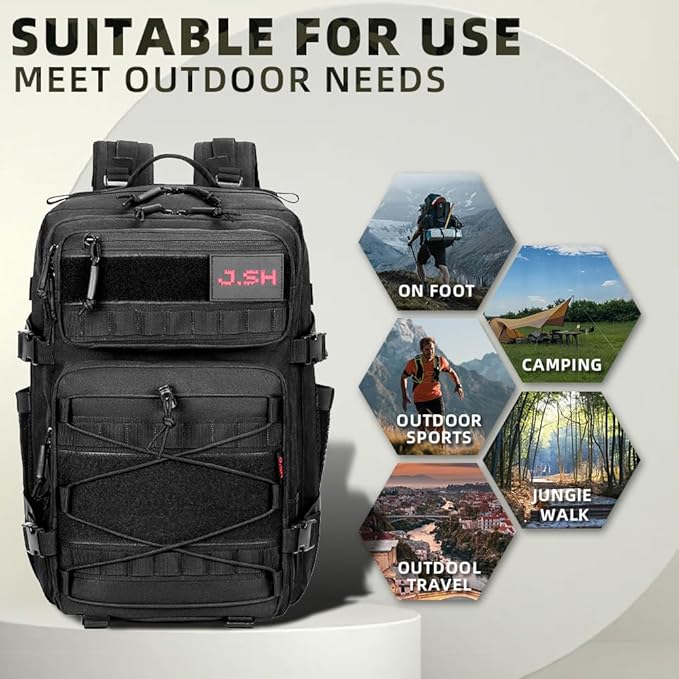 J.SH 45L Large Capacity 3-Day Tactical Backpack, Waterproof & Tear-Resistant, MOLLE System, Adjustable Straps (chest strap and waist strap), Hiking Backpack for Men & Women - Black