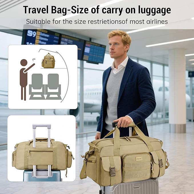Duffle Bag for Men Women, Gym Bags & Tactical Duffle Bag with Shoe Compartment, Weekender Overnight Bag for Travel Workout, Khaki