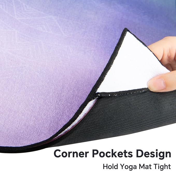 Colorful Star Yoga Towel with Corner Pockets, Non Slip Grip Dots Sweat Absorbent Hot Yoga Mat Towels, Yoga Blankets with Travel Bag, Mat Cover for Workout, Gym, Fitness - 70"x26", Purple Blue Lotus