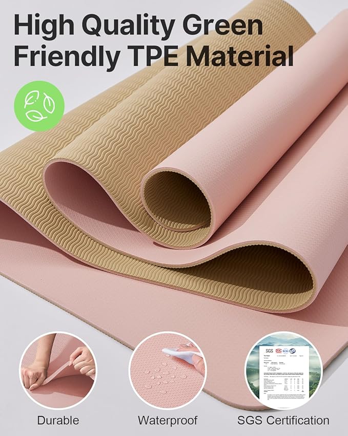 Yoga Mat,Non-Slip TPE Exercise Mat(1/4 Inch) for Pilates, Fitness & Barefoot Workouts, Home Gym Studio with Strap & Bag