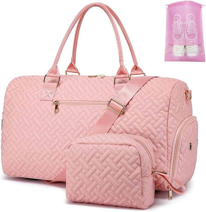 Duffle Bag for Travel, Weekender Bag with Shoe Compartment, Carry On Overnight Bag for Women with Toiletry Bag, Gym Bag with Wet Pocket, Hospital Bags for Labor and Delivery Beige