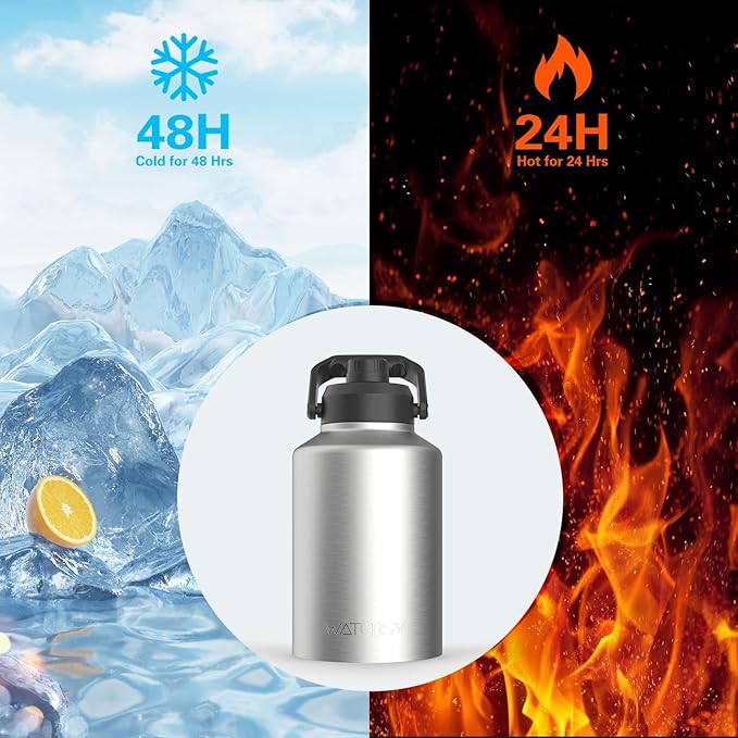 Half Gallon Water Bottle Insulated(Cold for 48 Hrs),BPA Free&Leak Proof,64oz Stainless Steel Water Jug/Flask,Big thermo,Large Water Bottle with Handle for Gym,Hiking,Camping,Stainless