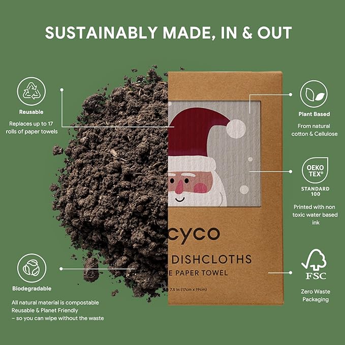 RECYCO 4 Pack Christmas Swedish Dishcloths for Kitchen | Classic Red Washable Dish Towels | Cellulose Reusable Cleaning Paper Towels | Absorbent Counter Dish Cloth Sponge Kitchen Wipes, 7" x 8"