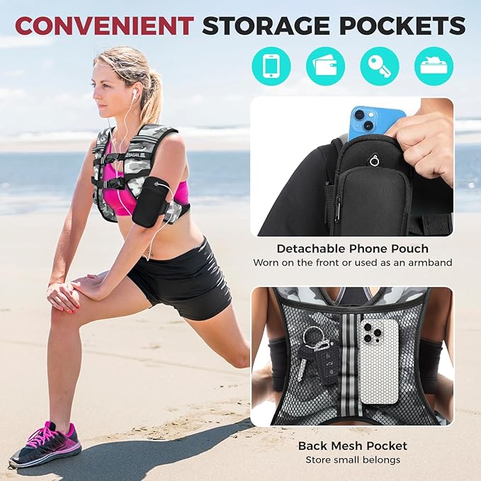 BAGAIL Weighted Vest, 5lbs/8lbs/10lbs/12lbs/15lbs/20lbs/25lbs/30lbs Weight Vest with Detachable Phone Pouch, Rucking Vest for Women, Men, Walking, Weight Loss, Training, Running