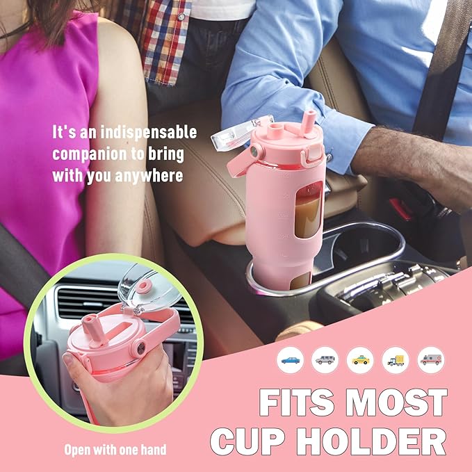 BLUEGO 40 oz Glass Water Bottles with Straw Time Marker, Glass Tumbler with Handle Top Lids, Easy to Clean, Fits in Car Cup Holder, Leakproof Jug for Gym, Sports, Workout & Daily, Pink