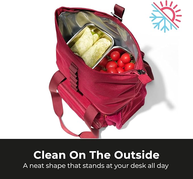 Dual Compartment Insulated Lunch bag, with 2 Leakproof Compartments & Roll-top, 13L lunchbox for work (Burgundy)