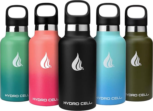 HYDRO CELL Stainless Steel Water Bottle with Straw & 2 Standard Mouth Lids (32oz 24oz 20oz 16oz) Keeps Liquids Hot or Cold w/Double Wall Vacuum Insulated Leak Proof Sport Design (Black 16oz)