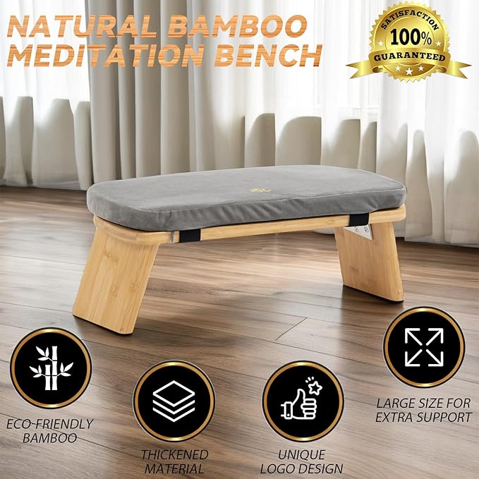 Meditation Bench, Bamboo Meditation Stool, Folding Kneeling Meditation Bench, Seiza Prayer Bench, Prayer Bench with Meditation Cushion, Kneeling Stool (Grey & Big)