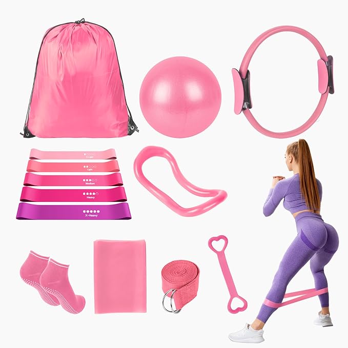 13 Pcs Pilates Essentials Kit for Women, Home Workout Equipment Set with 9.8” Ball, Magic Circle, Accessories, Perfect for Beginners to Toning & Fitness, Pink