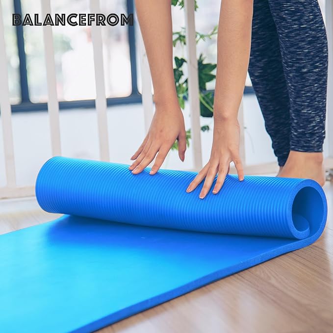 BalanceFrom GoCloud 71" x 24" All-Purpose 1-Inch Extra Thick Double-Sided Non-Slip High Density Anti-Tear Exercise Yoga Mat with Carrying Strap, Gray