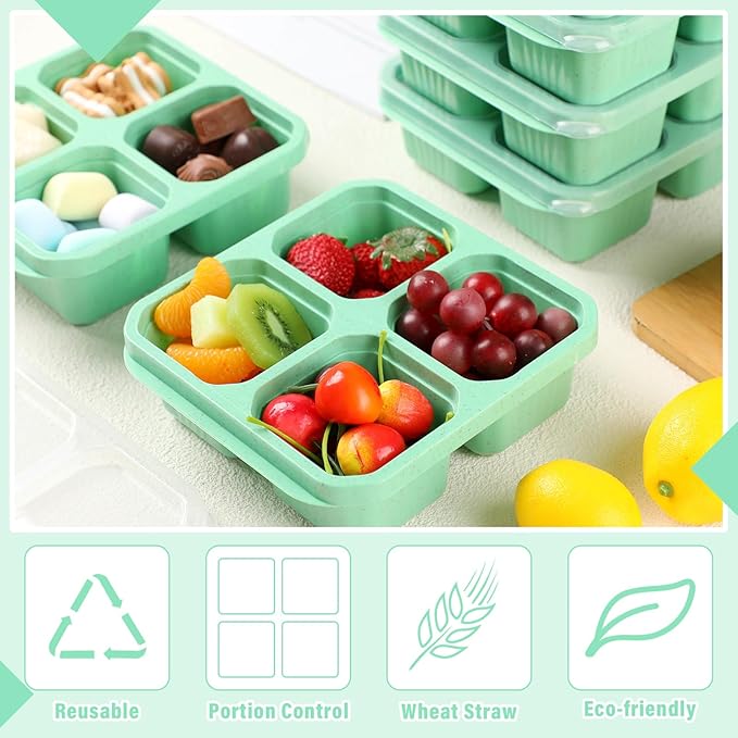 12 Pcs 4 Divided Compartments Snack Containers Bento Wheat Straw Snack Box with Lid Reusable Meal Prep Lunch Box Food Storage Containers for Adults Travel Work (Green)