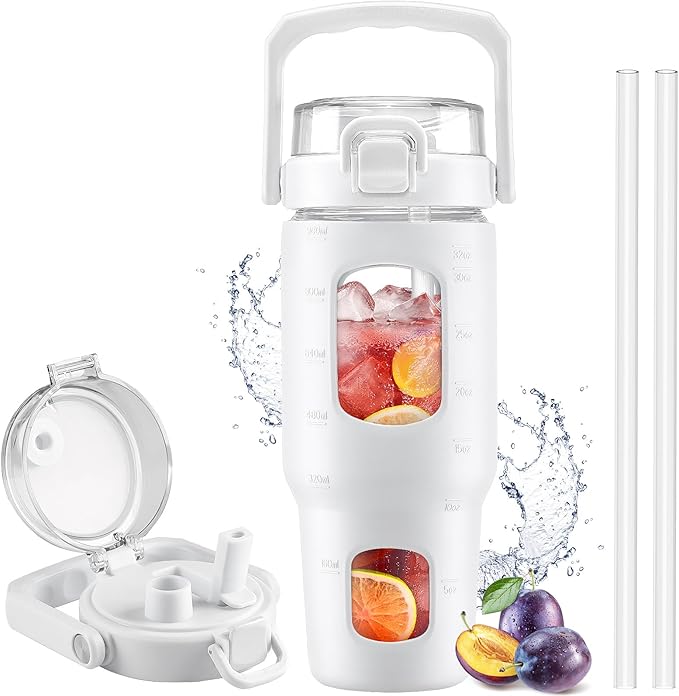 BLUEGO 32oz Glass Tumbler with Lid and Handle, Iced Coffee Cup with Straws, Glass Water Bottle with Silicone Sleeve and Volume, Marker Glass Cup with Time Marking, BPA Free, White