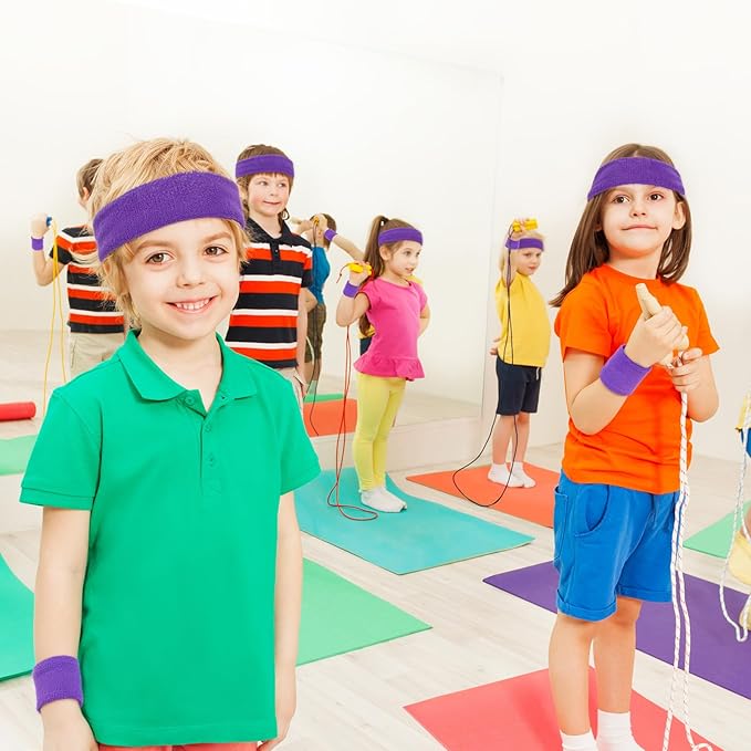 Bememo 36 Pcs Neon Sweatbands Set for Kids Bulk Sports Headband Wristband Set Cotton Terry Basketball Tennis for Students Youth 80s 90s Halloween Costumes Cosplay Glow Party