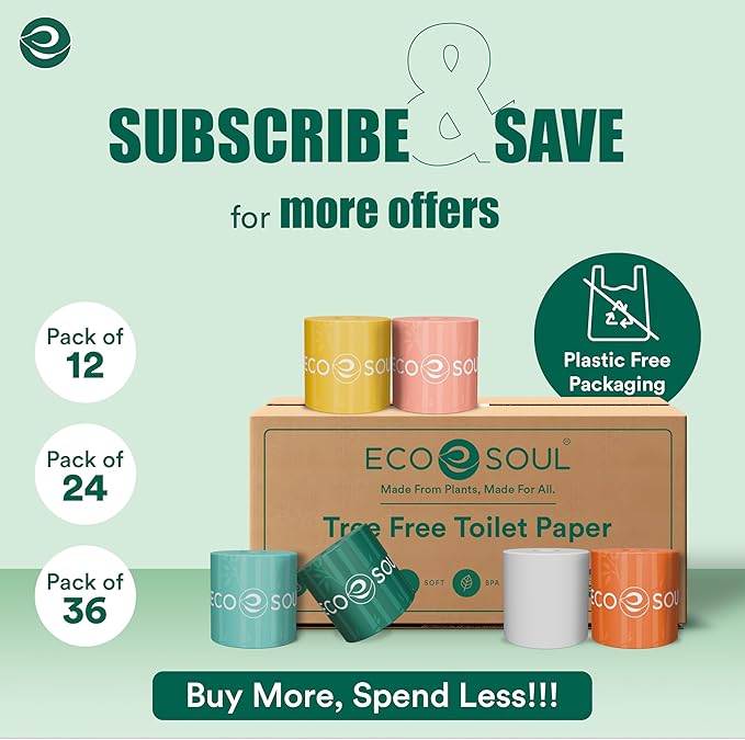 ECO SOUL Bamboo Toilet Paper 36 Mega Rolls 3 Ply, 300 Sheets per Roll | Eco-Friendly Septic Safe Organic Bath Tissues Sustainable Toilet Paper Compostable - FSC Certified