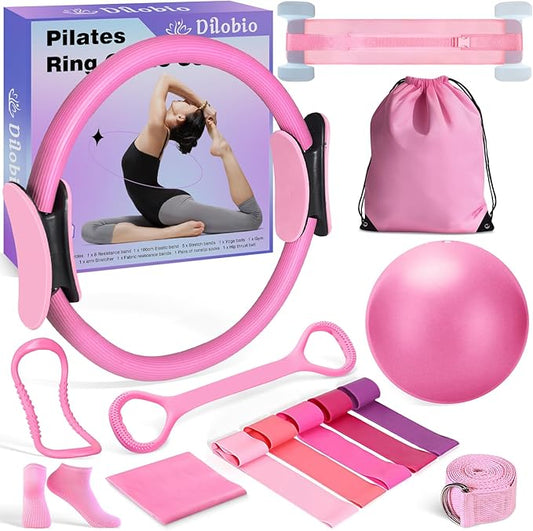 Home Pilates Essentials Kit for Women, Pilates Equipment Ring and Ball Set, Magic Circle with Booty Bands, Figure 8 Resistance Band, Hip Thrust Belt & Accessories, Toning Fitness Starter Set