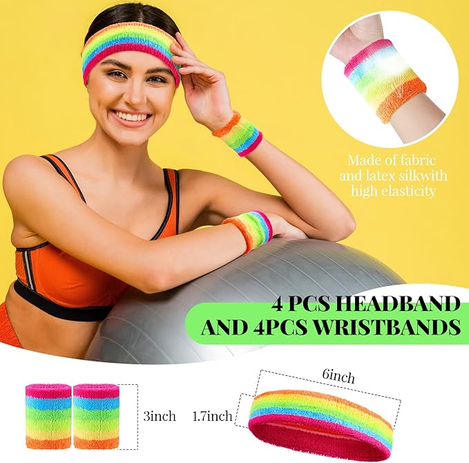 Haysandy 4 Sets 80s 90s Leg Warmers Set for Women Costume Neon Headband Rainbow Wristbands for Sport Yoga Workout Clothes