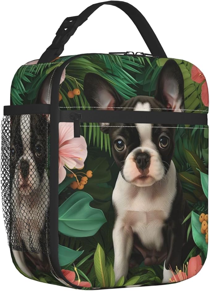 Cute Dog Lunch Box for Kids,Puppy Insulated Bag for Student,Pet Lovers Reusable Thermal Insulation Cooler Tote Bags for School Work Picnic Camping Outdoor Gifts (Boston Terrier and Lush Floral)